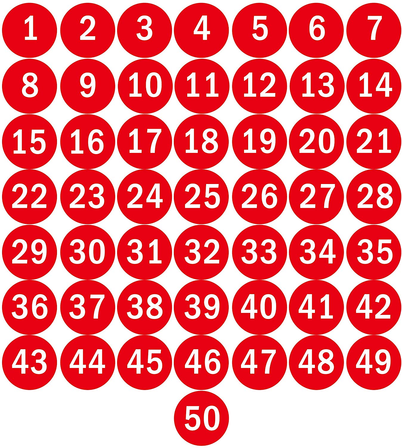 1 to 50 Number Stickers Number Label Self Adhesive Marked Sticker Red and  White, Pack of 15